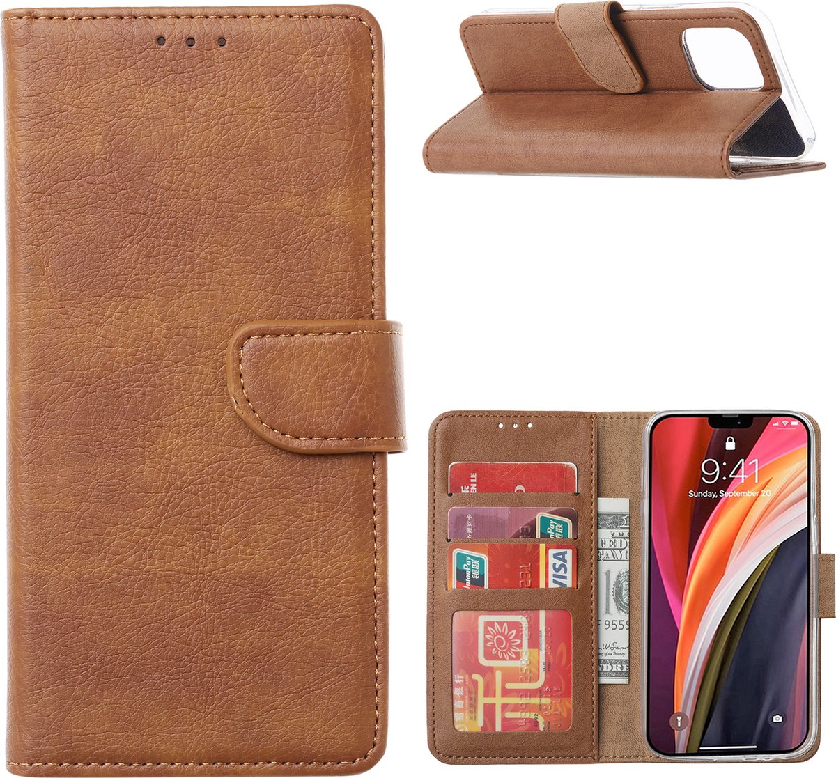 Cityhoesje - iPhone 14 Plus - Bookcase incl. Pasjeshouder - Lichtbruin