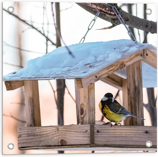 Tuinposter – Koolmeesje in Vogelhuisje op Winterse Dag - 50x50 cm Foto op Tuinposter (wanddecoratie voor buiten en binnen)