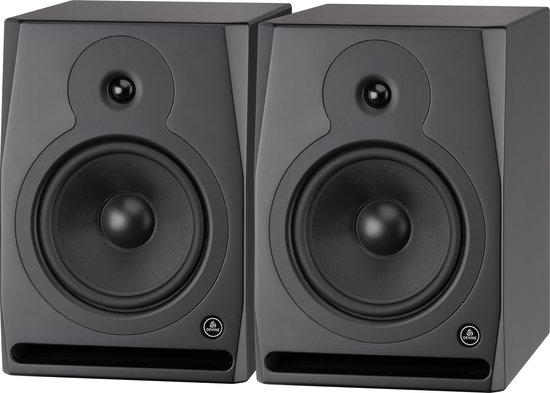 Twee zwarte Devine RX-8A studiomonitors met woofer, tweeter en bassreflexpoort.
