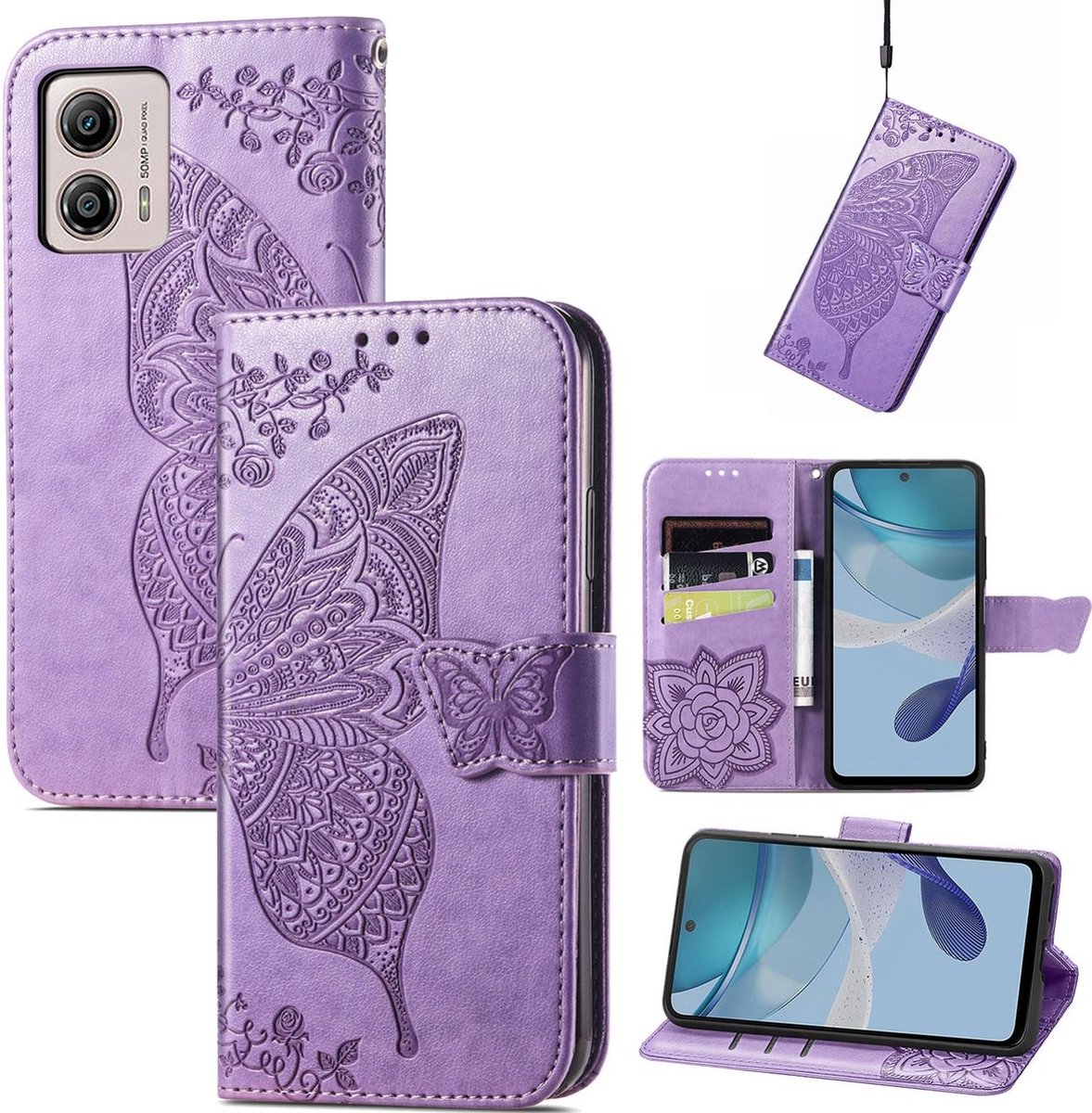 Mobigear Telefoonhoesje geschikt voor Motorola Moto E13 Hoesje | Mobigear Butterfly Bookcase Portemonnee | Pasjeshouder voor 3 Pasjes | Telefoonhoesje voor Pinpas / OV Kaart / Rijbewijs - Paars