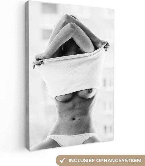 Canvas - Canvas doek - Vrouw - Lichaam - Lingerie - Foto op canvas - Canvas zwart wit - 80x120 cm