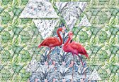 Fotobehang - Vlies Behang - Flamingo's en Botanische Planten - 254 x 184 cm