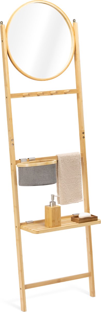 Navaris handdoekrek van bamboe - Handdoekladder met ronde spiegel - Voor badkamer of slaapkamer - 172 cm hoog