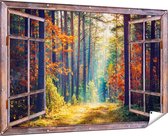 Gards Tuinposter Doorkijk Herfstbos met Zonneschijn - Kleur - 180x120 cm - Tuindoek - Tuindecoratie - Wanddecoratie buiten - Tuinschilderij