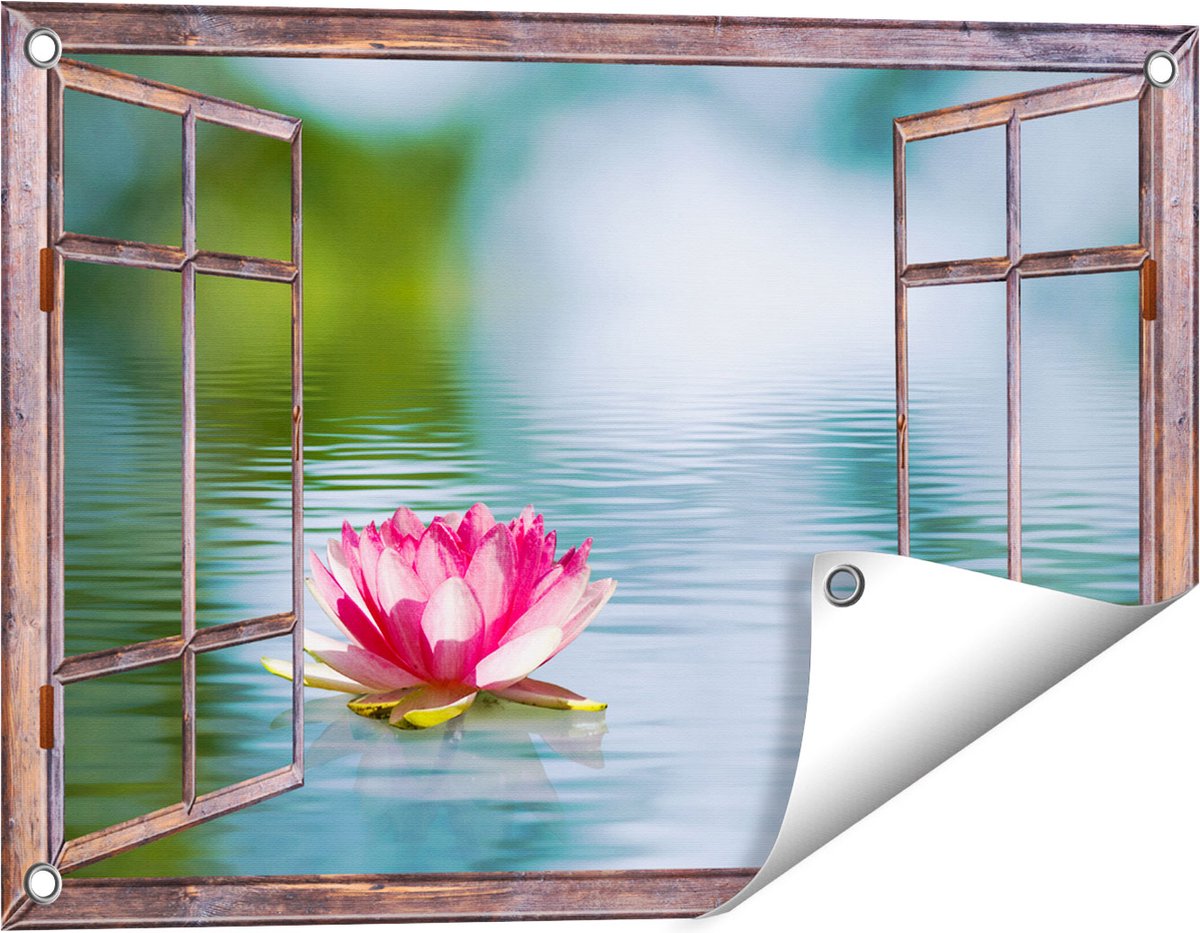 Gards Tuinposter Doorkijk Roze Lotusbloem op het Water - 60x40 cm - Tuindoek - Tuindecoratie - Wanddecoratie buiten - Tuinschilderij