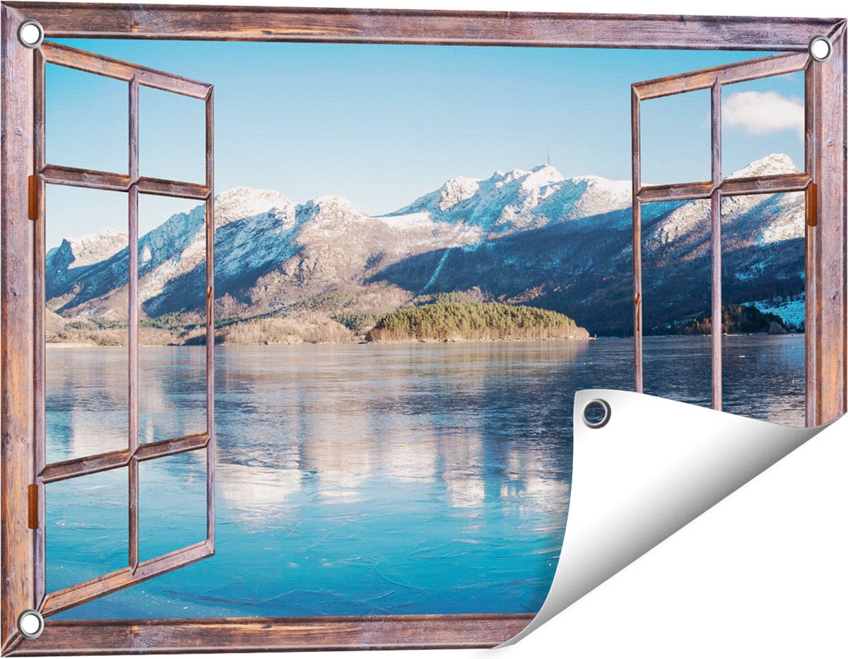 Gards Tuinposter Doorkijk Meer bij het Bergen Landschap in Noorwegen - 60x40 cm - Tuindoek - Tuindecoratie - Wanddecoratie buiten - Tuinschilderij bruin