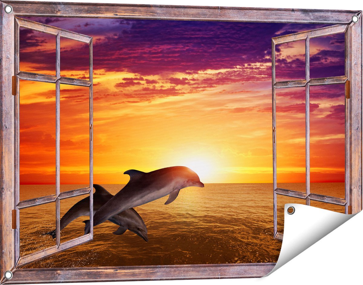 Gards Tuinposter Doorkijk Twee Dolfijnen bij de Zonsondergang - 90x60 cm - Tuindoek - Tuindecoratie - Wanddecoratie buiten - Tuinschilderij Bruin