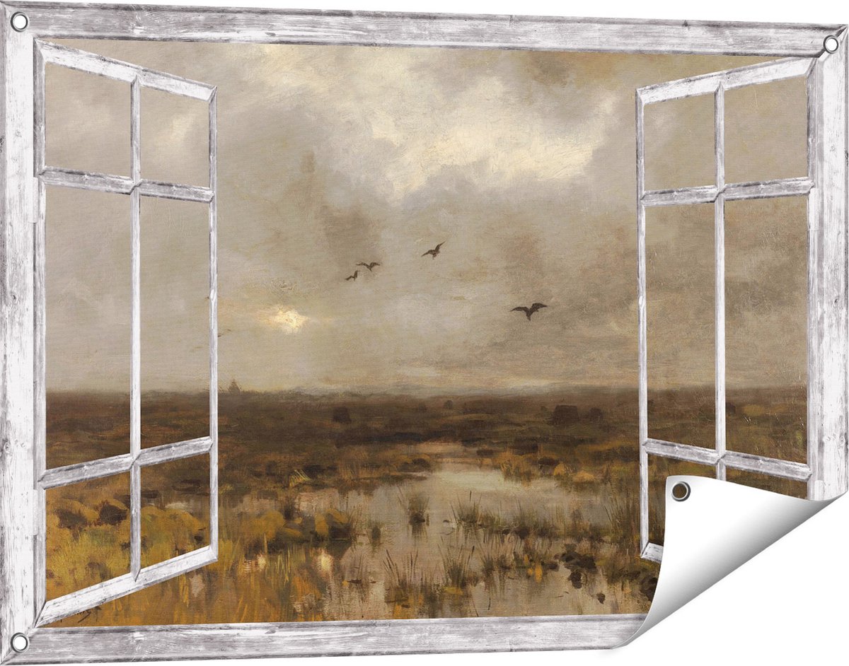 Gards Tuinposter Doorkijk Het Moeras - Anton Mauve - 90x60 cm - Tuindoek - Tuindecoratie - Wanddecoratie buiten - Tuinschilderij Grijs
