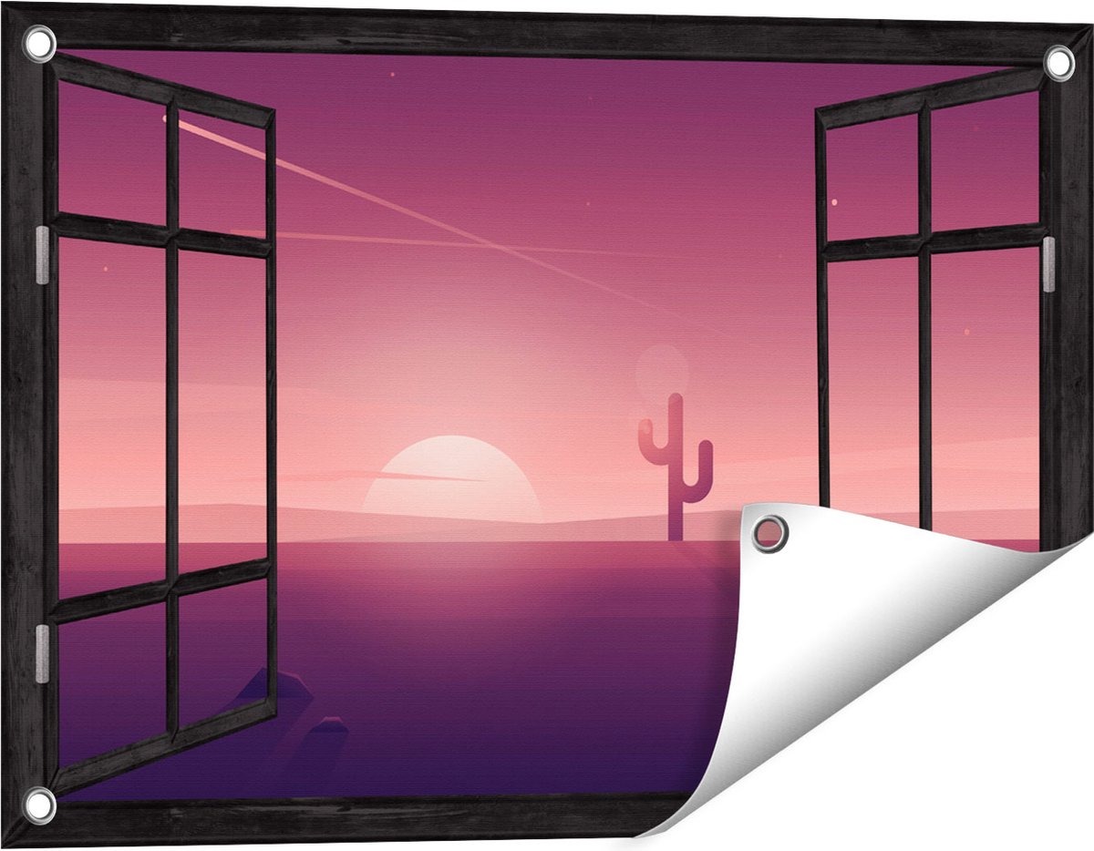 Gards Tuinposter Doorkijk Zonsondergang in de Woestijn met een Cactus - 60x40 cm - Tuindoek - Tuindecoratie - Wanddecoratie buiten - Tuinschilderij zwart