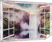 Gards Tuinposter Doorkijk Waterval met een Weerspiegeling in het Water - 180x120 cm - Tuindoek - Tuindecoratie - Wanddecoratie buiten - Tuinschilderij