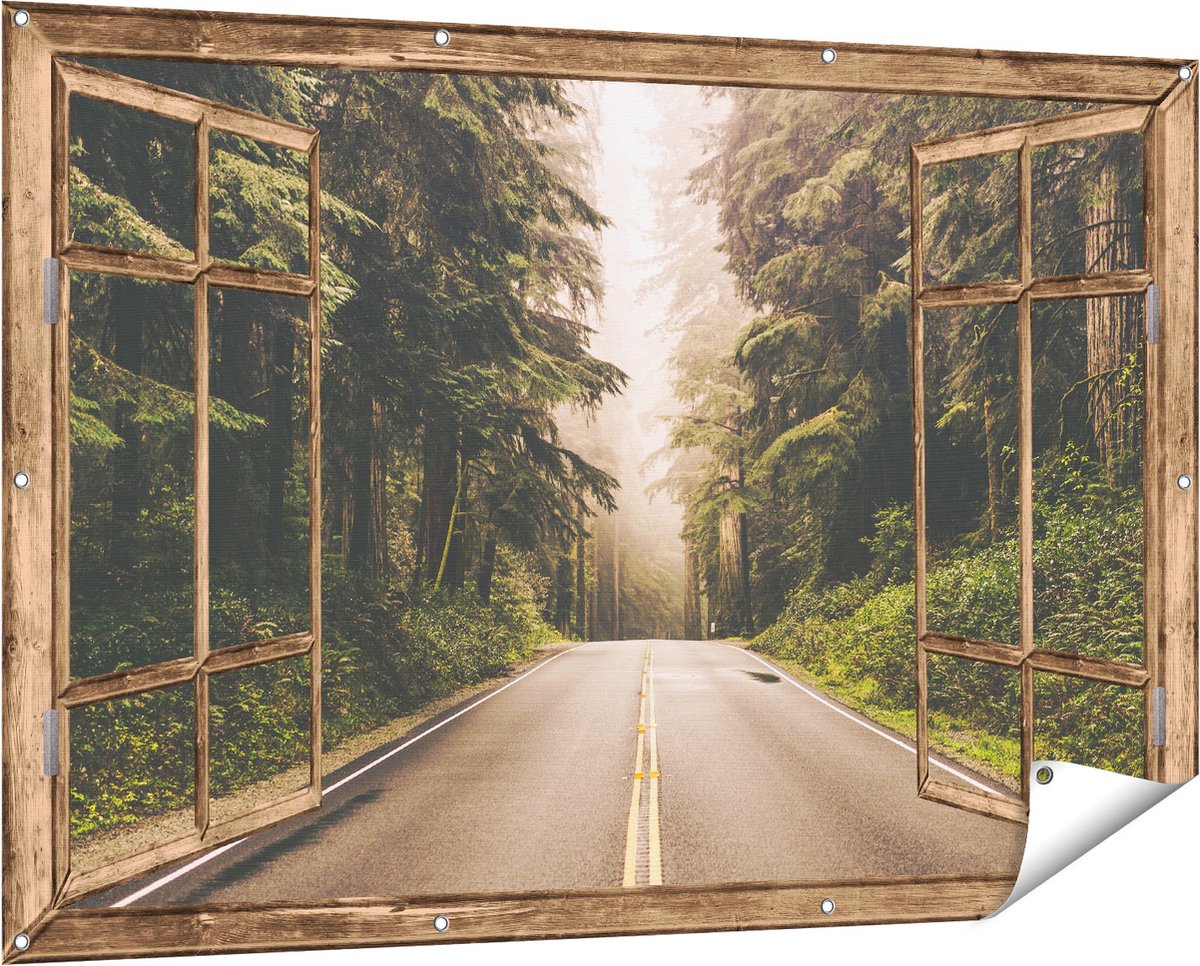 Gards Tuinposter Doorkijk Highway in Californi� Omring met Bos - 150x100 cm - Tuindoek - Tuindecoratie - Wanddecoratie buiten - Tuinschilderij Licht bruin