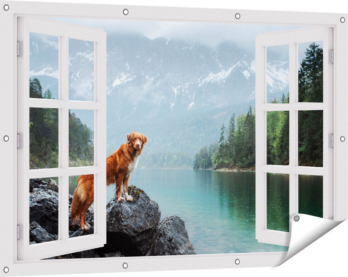 Gards Tuinposter Doorkijk Retriever Hond bij het Water in de Bergen - 120x80 cm - Tuindoek - Tuindecoratie - Wanddecoratie buiten - Tuinschilderij wit