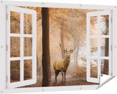 Gards Tuinposter Doorkijk Hert in het Bos - Herfst - 150x100 cm - Tuindoek - Tuindecoratie - Wanddecoratie buiten - Tuinschilderij