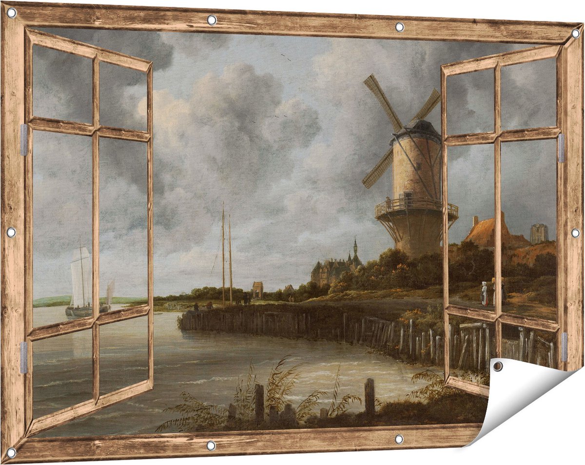 Gards Tuinposter Doorkijk De Molen bij Wijk bij Duurstede - Jacob van Ruisdael - 120x80 cm - Tuindoek - Tuindecoratie - Wanddecoratie buiten - Tuinschilderij Licht bruin
