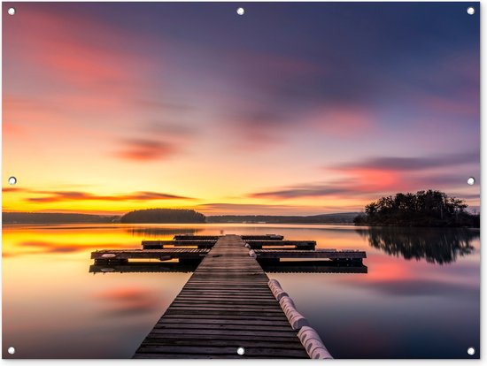 Tuinposter - Tuindoek - Tuinposters buiten - Steiger - Zonsondergang - Water - Zee - Reflectie - 120x90 cm - Tuin