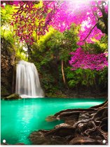 Tuinposter waterval - Bomen - Bladeren - Roze - Natuur - Tuinschilderij voor buiten - Tuindecoratie - Schutting decoratie - 60x80 cm - Tuin - Tuindoek - Schuttingdoek - Tuinposters
