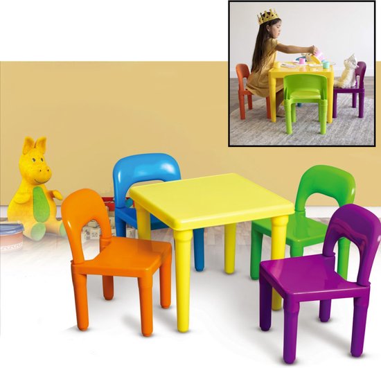 Kindertafel en 4 stoelen, wit met leisteen