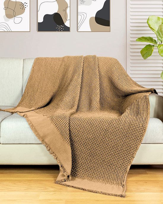 Gräfenstayn Premium Sprei met Franjes - 100% Katoen - 180 x 240 cm - Visgraatmotief Zomerdeken - Katoenen Deken als Beddeken, Bankstel Deken, Bank Deken (Beige