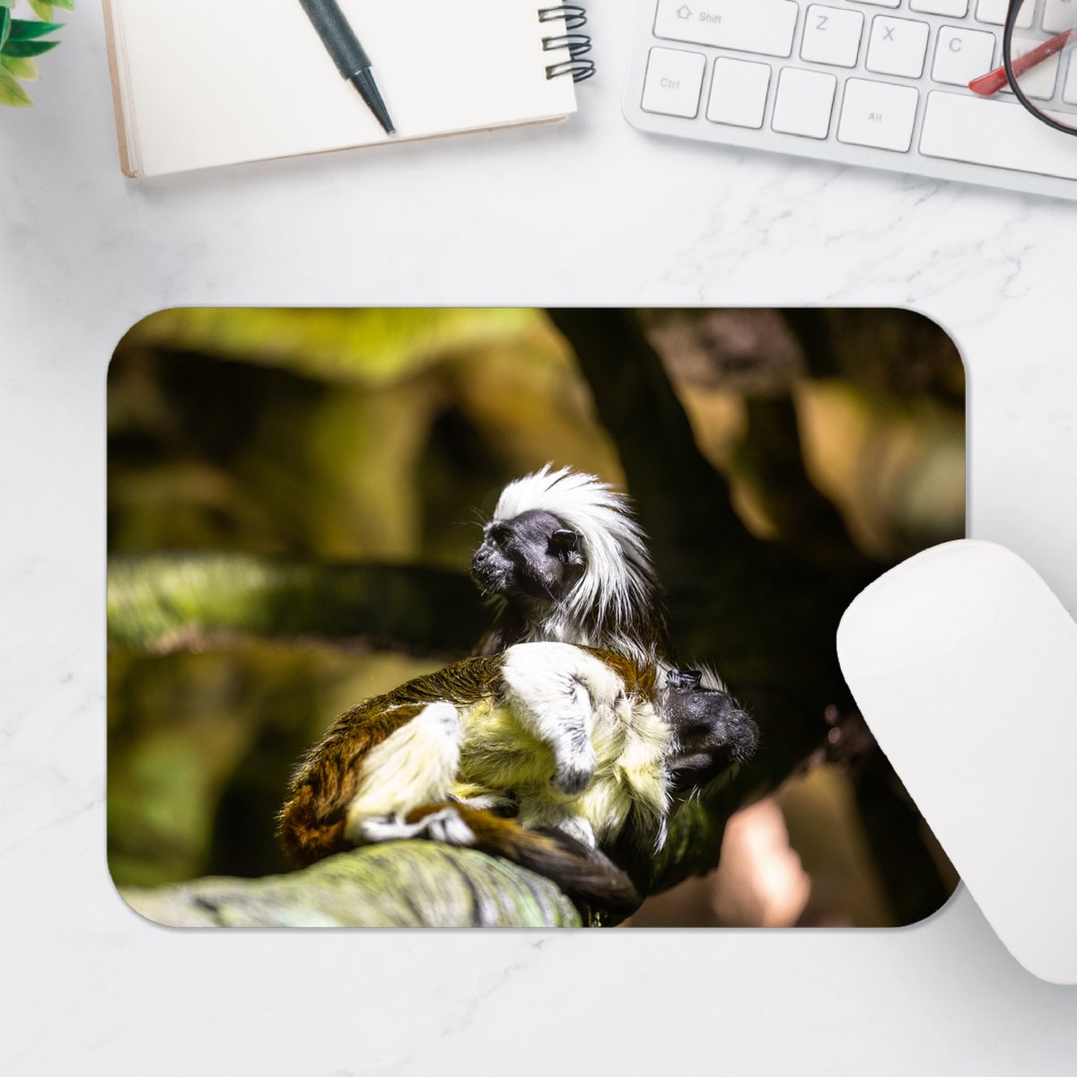 Muismat - Marmoset Apen op Boomstronk - 25x18 cm - 2 mm Dik - Muismat van Vinyl
