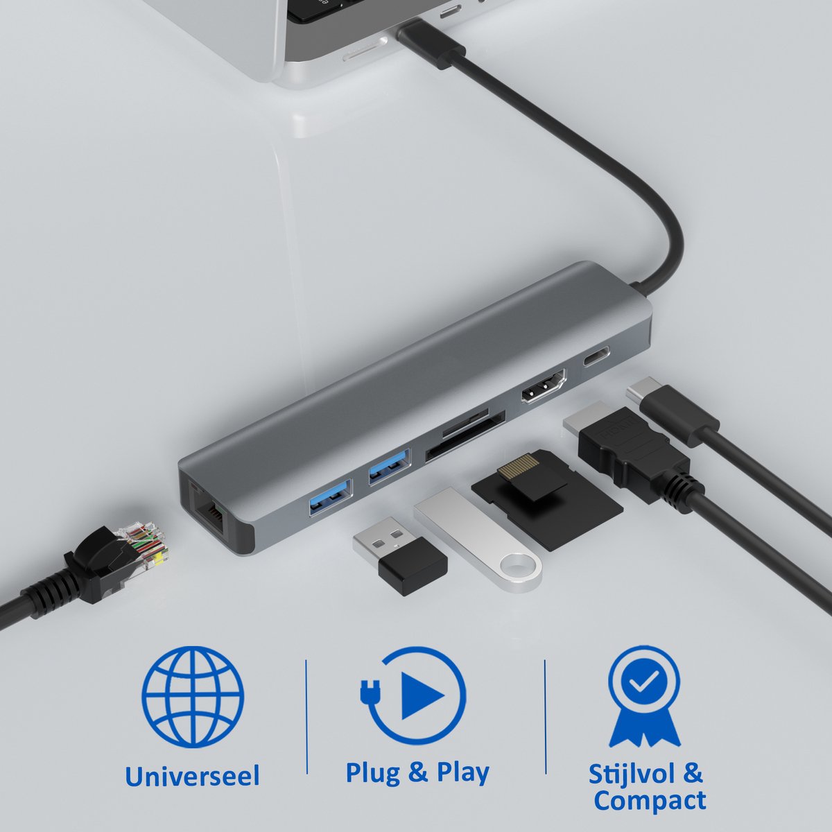 USB-C Hub 8-in-1 Rolio – HDMI 4K@60Hz, Ethernet 1Gbps, USB-C Opladen 100W, SD/TF Kaartlezer, USB 3.0 Splitter - Afbeelding 3