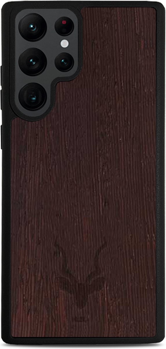 Kudu Samsung Galaxy S23 Ultra hoesje case - Houten backcover - Handgemaakt en afgewerkt met duurzaam TPU - Walnoot - Zwart