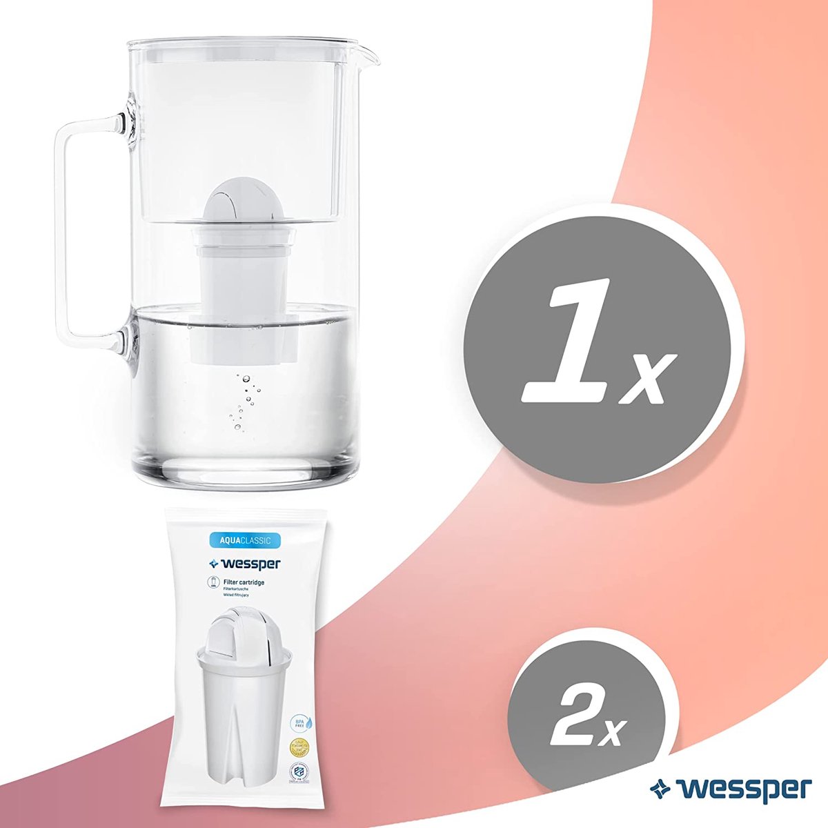 Carafe en verre Wessper AquaClassic avec filtre à eau compatible