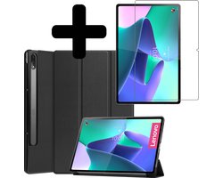 Hoes - Geschikt voor Lenovo Tab P12 Pro - Met Screenprotector - Trifold Bookcase - Hard Cover - Hardcover Book Case - Tablet Hoesje - Zwart