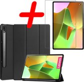 Hoesje Geschikt voor Lenovo Tab P12 Pro Hoes Case Tablet Hoesje Tri-fold Met Screenprotector - Hoes Geschikt voor Lenovo Tab P12 Pro Hoesje Hard Cover Bookcase Hoes - Zwart