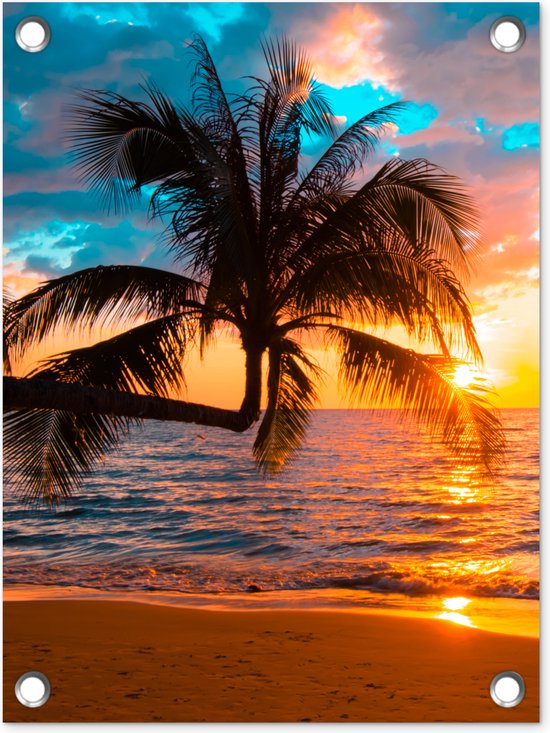 Tuinposter zonsondergang beach - Tuindecoratie strand met palmbomen - 30x40 cm - Tuinschilderij voor buiten - Tuindoek zee tropisch - Wanddecoratie tuin - Schuttingdoek - Balkon decoratie - Muurdecoratie - Buitenschilderij