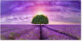 Tuinposter bloemen - Lavendel - Paars - Boom - Wolken - Botanisch - Tuindecoratie - Tuin - Tuinschilderij voor buiten - Schutting decoratie - 200x100 cm - Tuindoek - Schuttingdoek