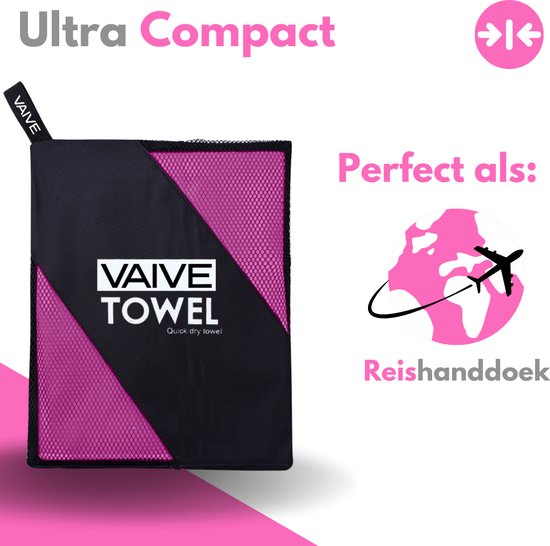 Compacte roze VAIVE handdoek in draagtas. De tas is zwart met roze mesh en VAIVE TOWEL logo. Ideaal als reishanddoek.
