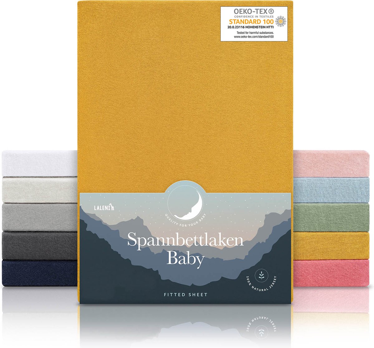 Laleni Jersey Baby/Kind Hoeslaken - Actief Ademend - Oeko-Tex Certificeerd - Babybed, Wieg, Kinderbed 55 x 90 x 10cm, pittige mosterd