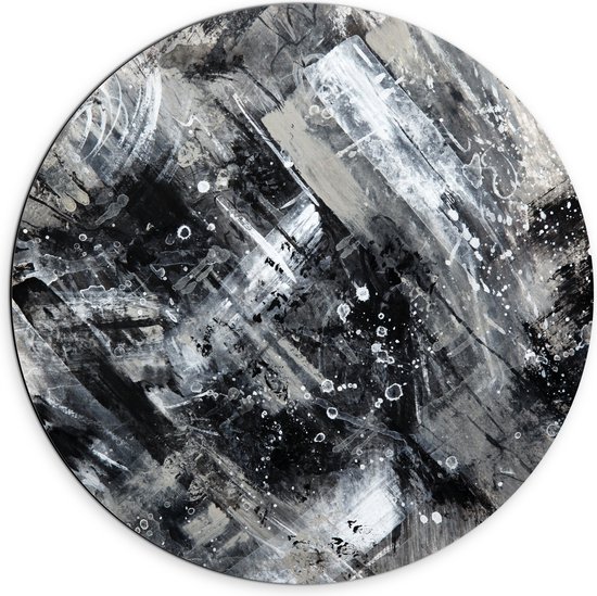 Dibond Muurcirkel - Abstracte Verfmix van Zwart en Wit Tinten - 70x70 cm Foto op Aluminium Muurcirkel (met ophangsysteem)