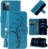 Reliëf Lucky Tree Horizontale Flip Leren Case met Houder & Kaartsleuf & Portemonnee & Lanyard Voor iPhone 12 Pro Max (Blauw)