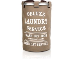 Wasmand 50L - Rond - Tekst Deluxe Laundry Service -> Same Day Service- Badkamer - Wasmand afsluitbaar - Waszak - Bruin