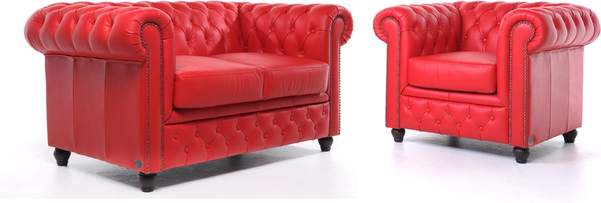 Chesterfield Bank Original Leer | 1 + 2 zits | Rood| 12 jaar garantie