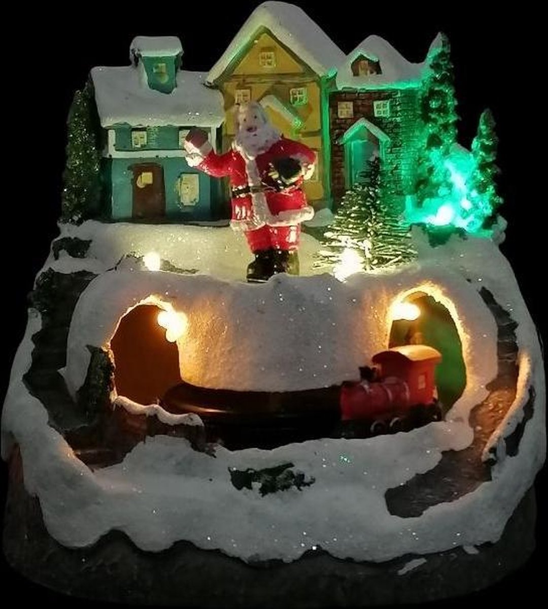 Village de Noël, Sapin et Père Noël sur Escalier, Petit Train tournant, h  21,5 cm, mélodies de Noël