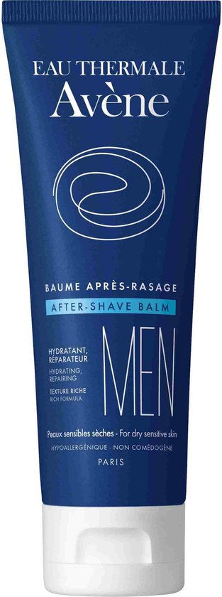 Donkerblauwe tube met witte dop, met witte tekst en een cirkelvormig logo voor Avène Men Aftershave Balsem.