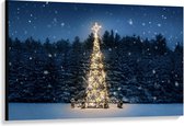 Canvas  - Verlichte Kerstboom in Sneeuwende Nacht - 120x80cm Foto op Canvas Schilderij (Wanddecoratie op Canvas)