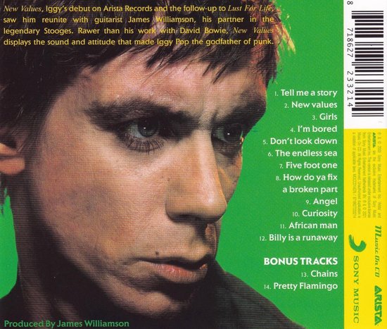 Close-up van Iggy Pop met de titel "New Values" en tracklist op de achterkant van de albumhoes.