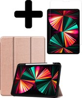 iPad Pro 2021 12.9 inch Hoes Book Case Cover Met Screenprotector En Pencil Houder - Rosé Goud