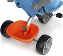 Close-up van de oranje mand en grijze wielen van een blauwe driewieler.