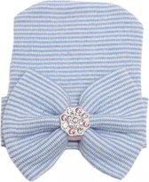 Newborn muts met strik en steentjes blauw | Baby | Geboorte muts | Ziekenhuis muts | Maat 0-3 maanden