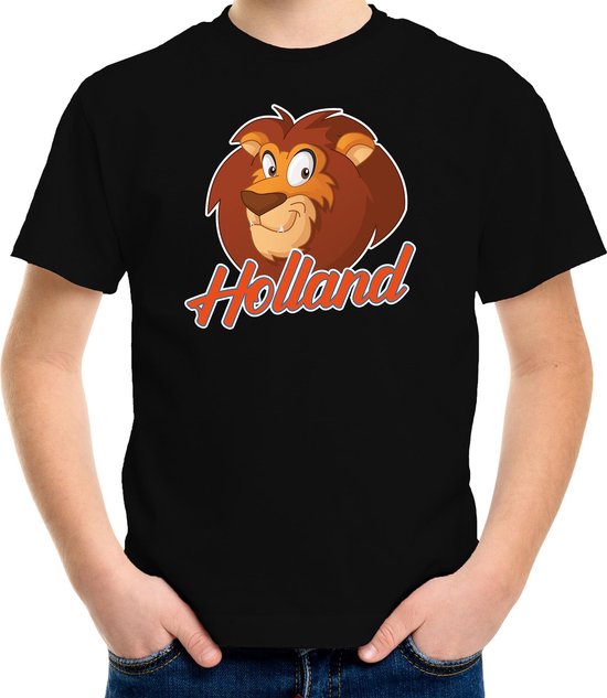 Zwarte Holland fan t-shirt voor kinderen - cartoon leeuw - / Nederland supporter - Koningsdag / EK / WK shirt / outfit 122/128