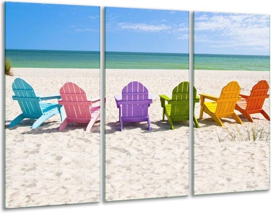 Glasschilderij Strand, Zee - Blauw, Crème , Groen - 120x80cm 3Luik - Foto Op Glas - Geen Acrylglas Schilderij - GroepArt 6000+ Glas Art Collectie - Maatwerk Mogelijk
