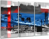 Glasschilderij Brug - Blauw, Grijs, Rood - 120x80cm 3Luik - Foto Op Glas - Geen Acrylglas Schilderij - GroepArt 6000+ Glas Art Collectie - Maatwerk Mogelijk