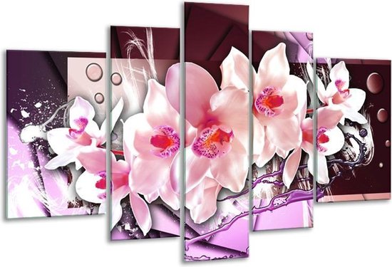 Glasschilderij Orchidee - Paars, Roze, Wit - 170x100cm 5Luik - Foto Op Glas - Geen Acrylglas Schilderij - 6000+ Glasschilderijen Collectie - Wanddecoratie