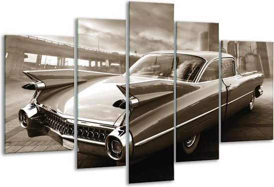 Glasschilderij Auto, Oldtimer - Sepia - 170x100cm 5Luik - Foto Op Glas - Geen Acrylglas Schilderij - 6000+ Glasschilderijen Collectie - Wanddecoratie