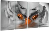 GroepArt - Glasschilderij - Gezicht - Oranje, Grijs - 160x80cm 4Luik - Foto Op Glas - Geen Acrylglas Schilderij - 6000+ Glasschilderijen Collectie - Wanddecoratie