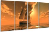 GroepArt - Glasschilderij - Zeilboot - Bruin, Geel, Grijs - 160x80cm 4Luik - Foto Op Glas - Geen Acrylglas Schilderij - 6000+ Glasschilderijen Collectie - Wanddecoratie